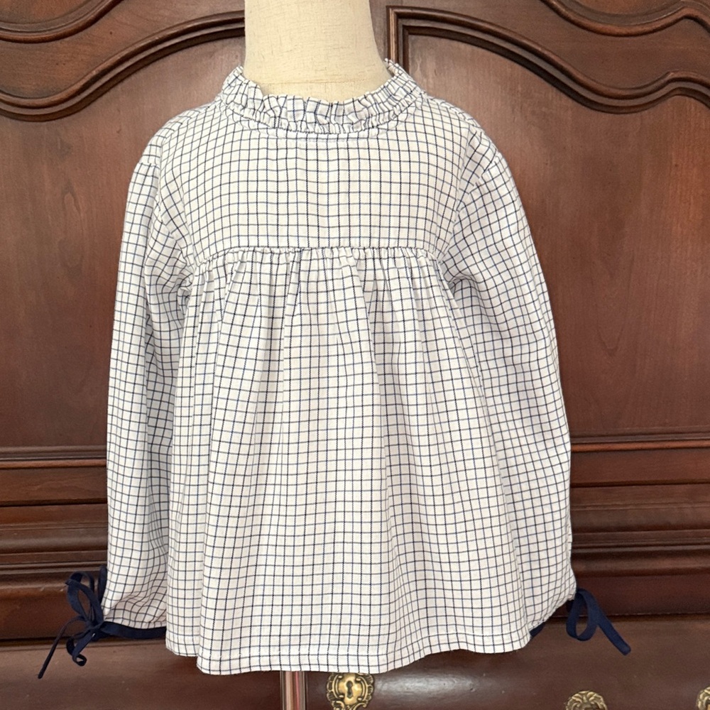 Bella Bliss Girls Navy White Check Top Size 7 Preppy Long Sleeve Classic